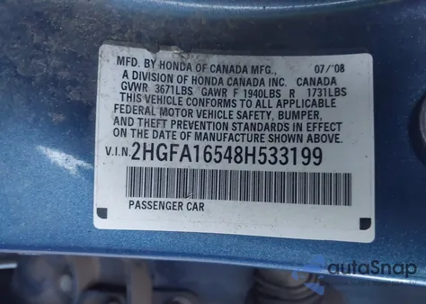 2008 Honda Civic Lx z USA, uszkodzony, nr VIN 2HGFA16548H533199